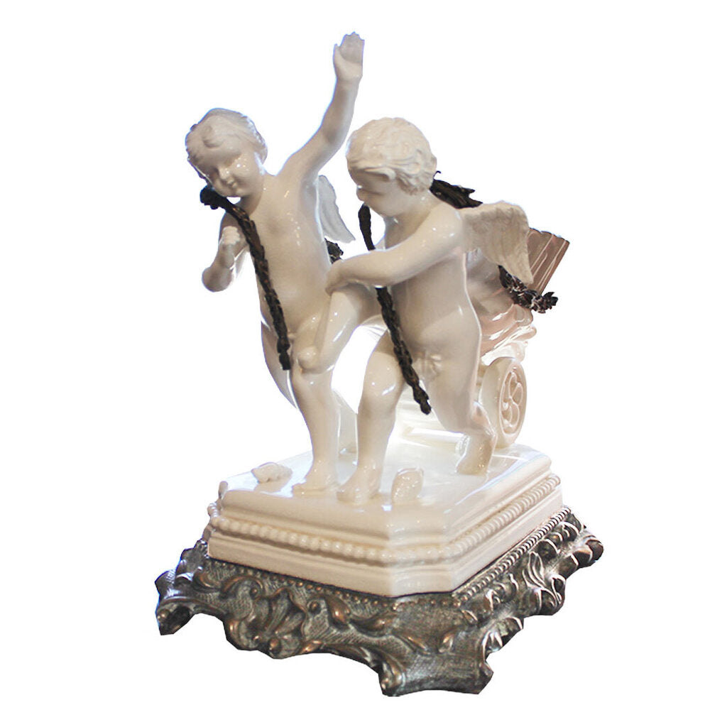 "Cherub Drawn Two Wheel Cart" White Porcelain w/Bronze Sculpture 12W 8D13H