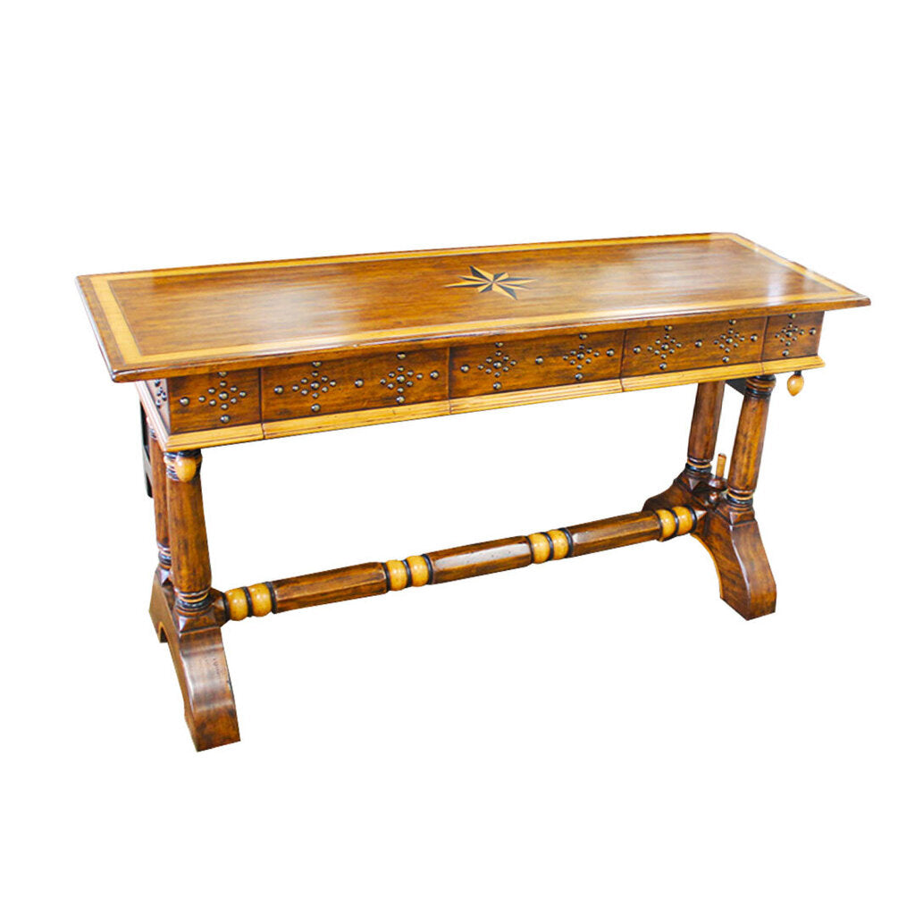 Minton-Spidell Spanish Writing Table, Inlay, 3-Drawers, Carved Columns, Joined by a Shaped Stretcher 60 x 20 x 31H