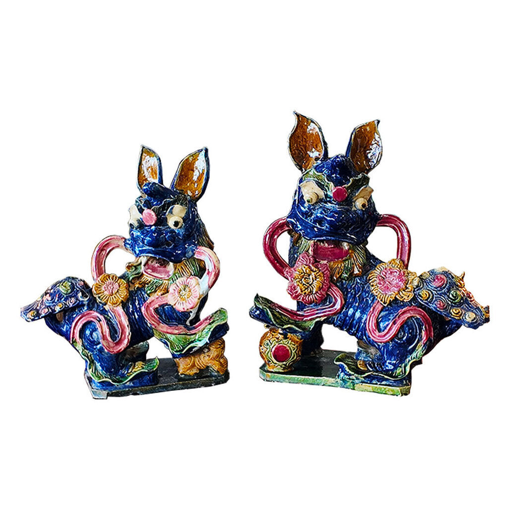 19th Century Chinese Shiwan Glazed Feng Shui Foo Dogs Sculpture