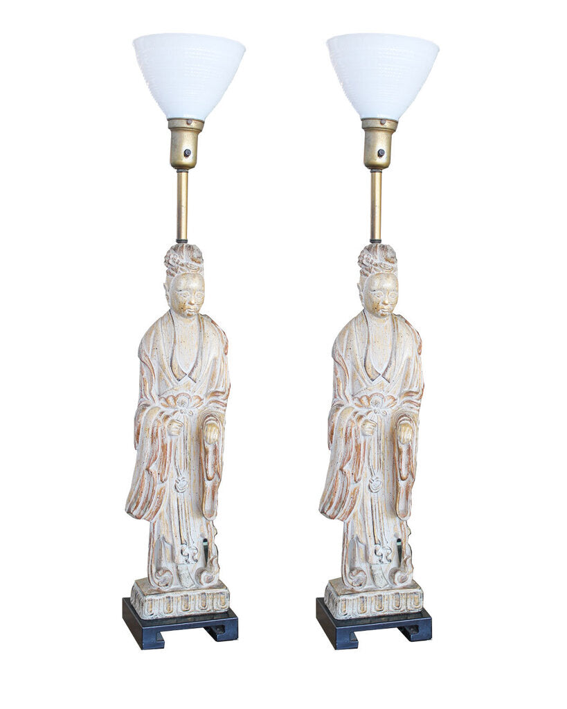 1960's James Mont Ceramic, Gold Brushed Figure Mounted Table Lamps
