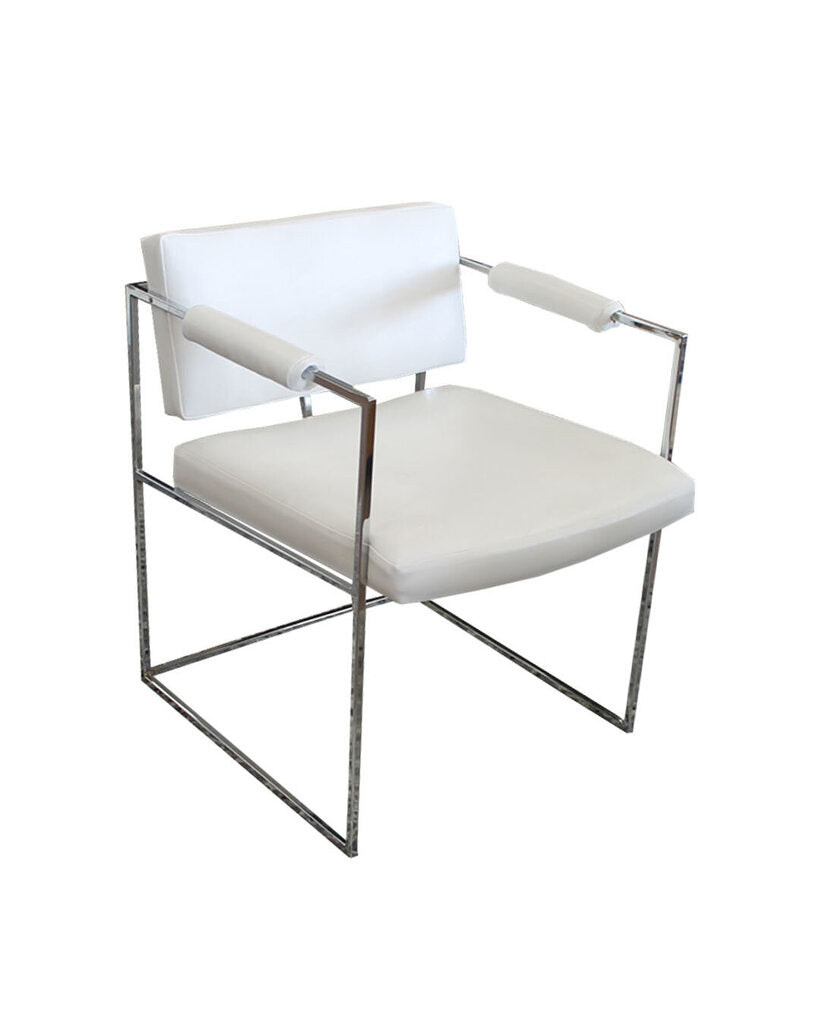 Mid-Century Milo Baughman Chrome Arm Chairs in White - PAIR 22.5W 23D 26.5H
