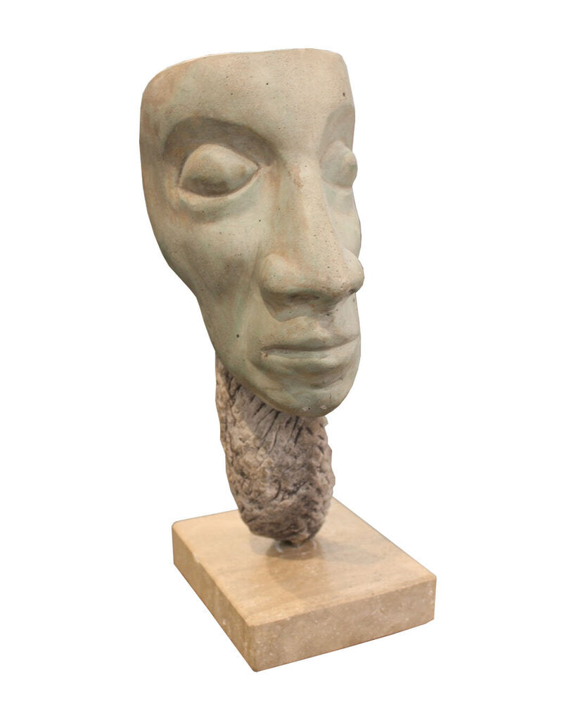 Abstract Clay Mask Sculpture on Travertine Base