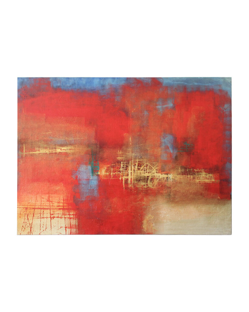 Original Oil on Canvas Abstract, Red & Gold w/Blue, Signed Douglas