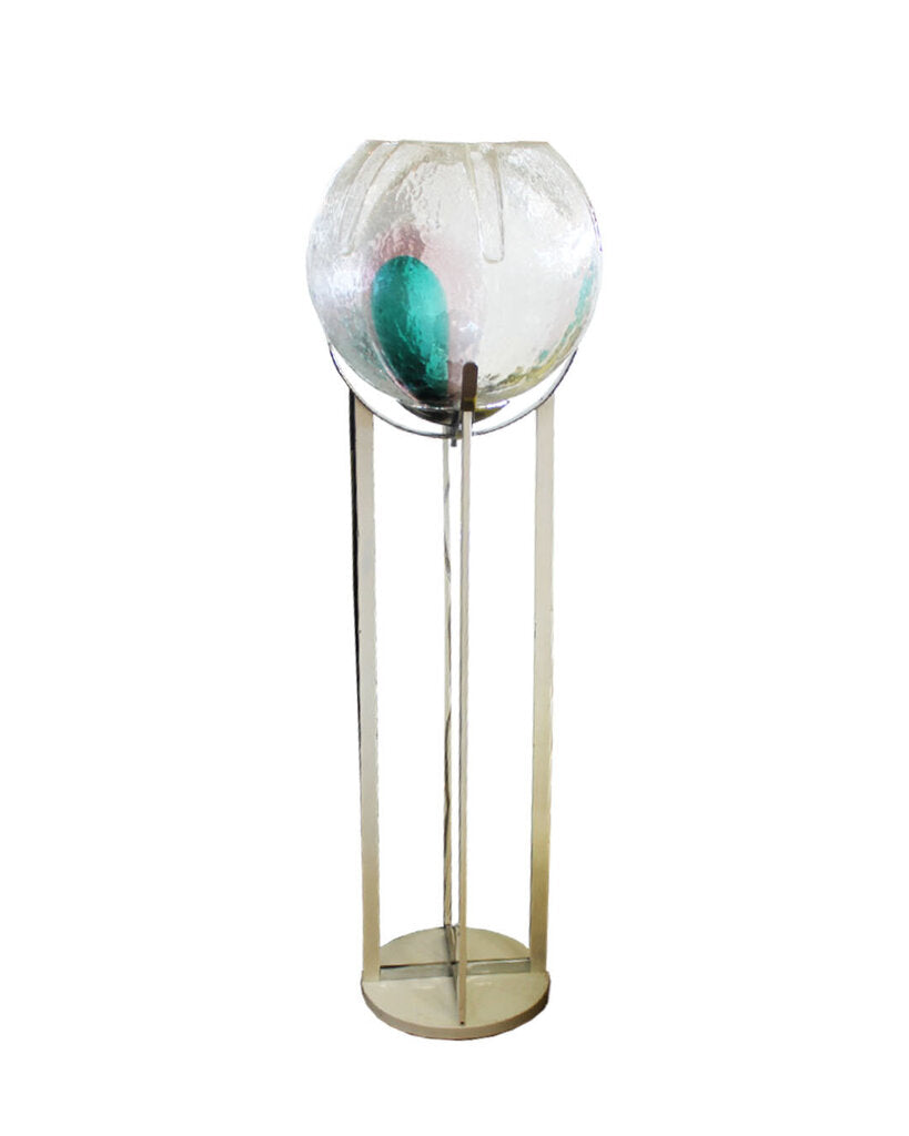 1970's Italian Floor Lamp by B. Gambarotto, Murano Glass Shade by Mazzega, Signed on Bottom