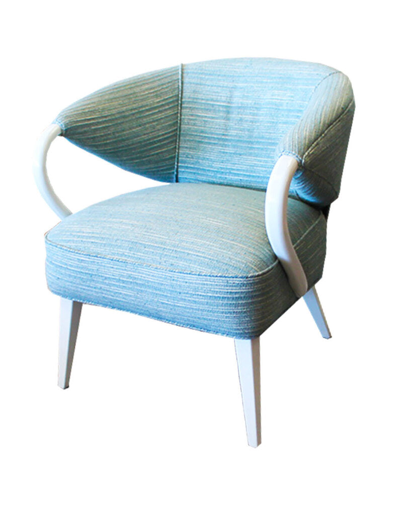 In the Style of Heywood Wakefield Open Arm Tub Chairs, White w/Blue Upholstery - PAIR