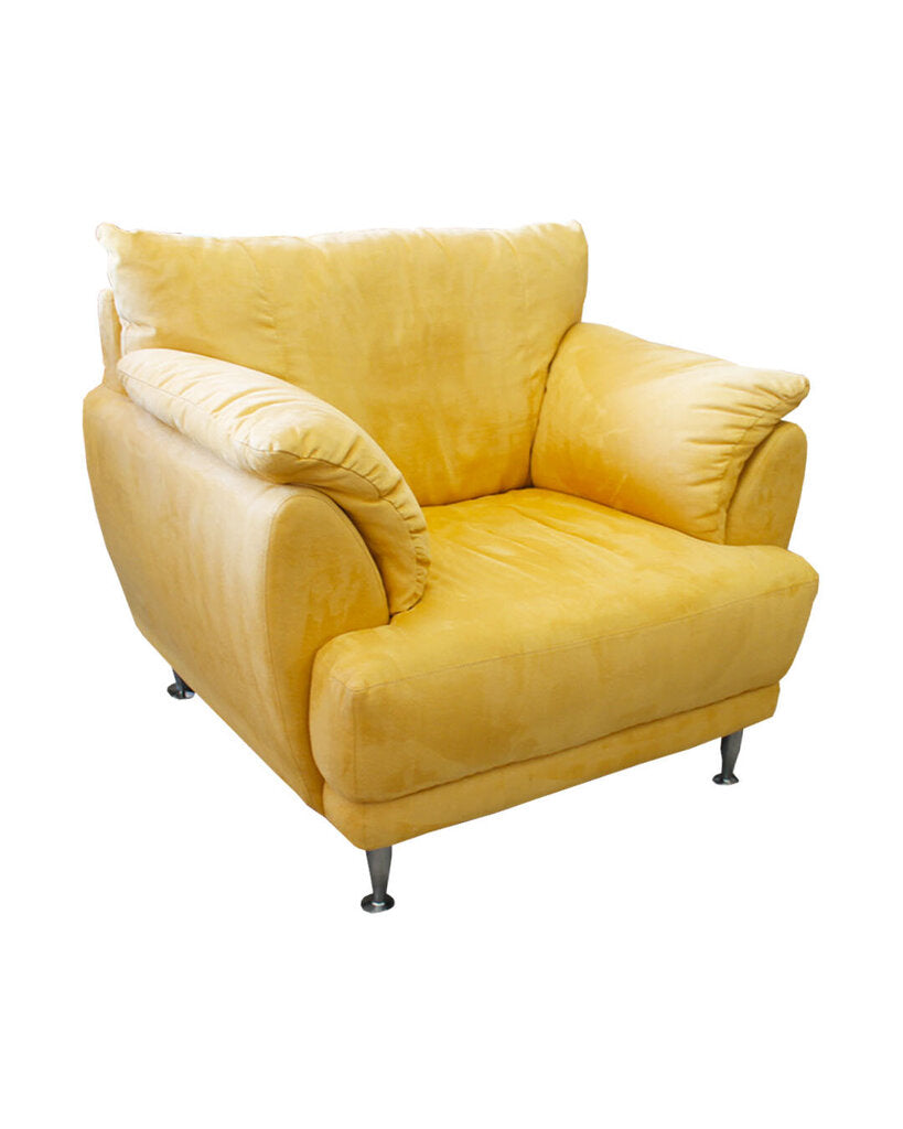 Large Cushy Yellow Upholstered Lounge Chair, Metal Legs