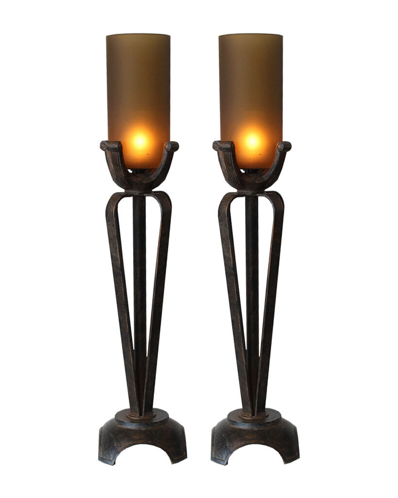 Hand Forged Metal Table Lamps w/Hurricanes Glass Shade