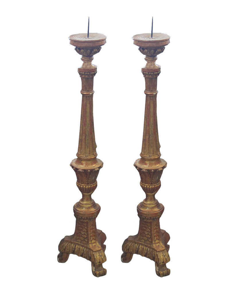 1800's Antique Cathedral Carved Wood Distressed Gold Candlesticks - PAIR