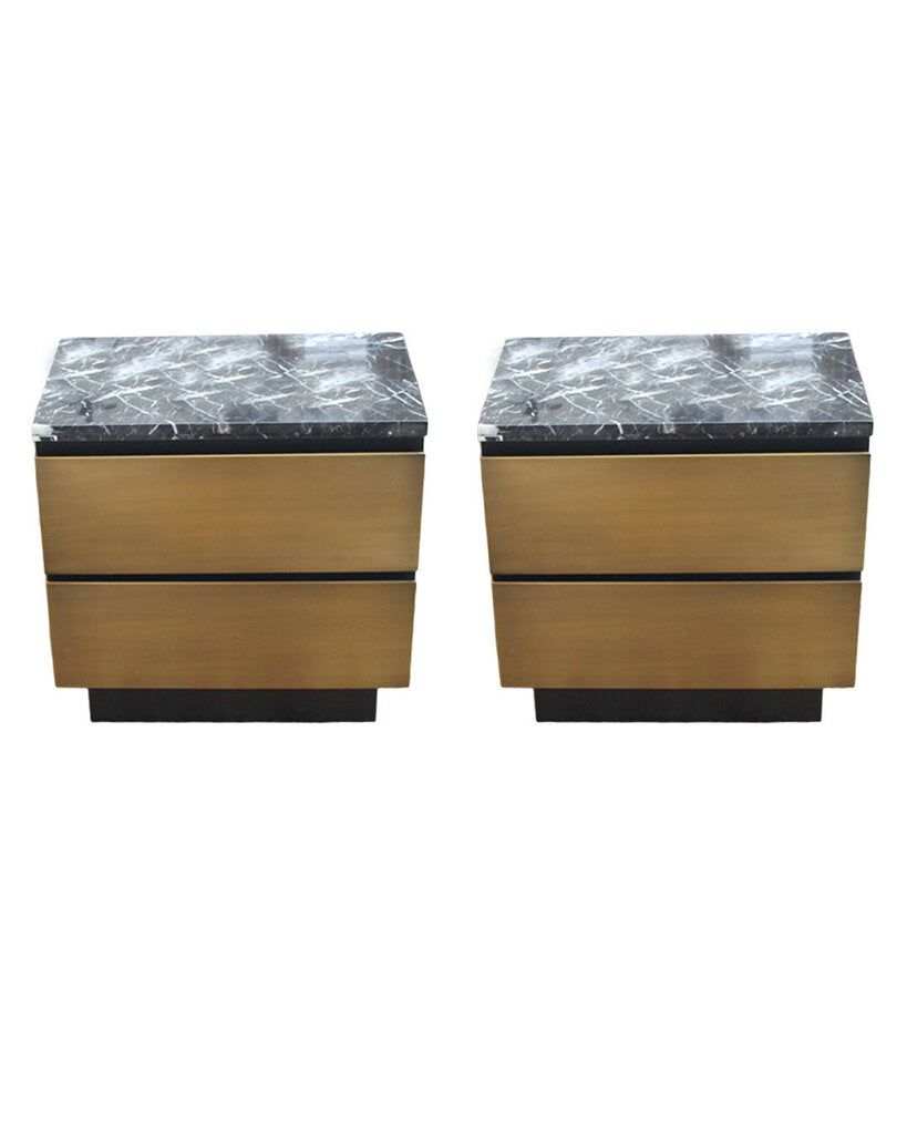 CB2 Nightstands Black Marquina Marble w/Hand Crafted Antique Brass PAIR 24W 16D 23H