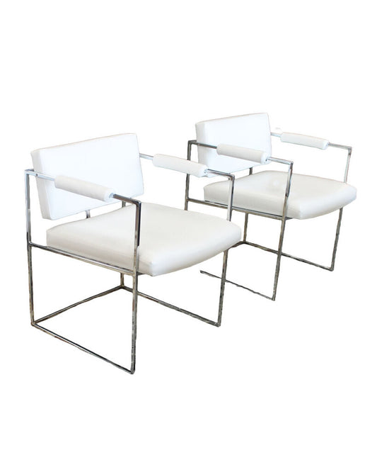 Mid-Century Milo Baughman Chrome Arm Chairs in White - PAIR 22.5W 23D 26.5H