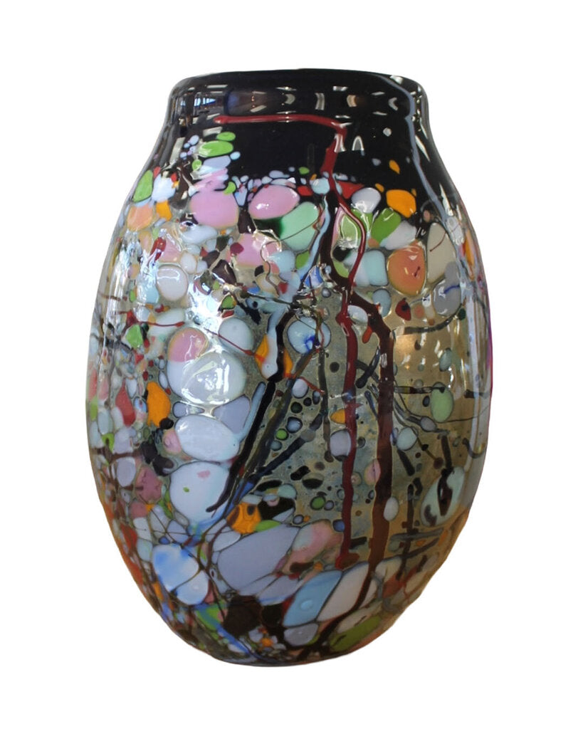 Signed Bruce Freund Blown Art Glass Abstract Mosaic Vase 8.25W 8D 12H