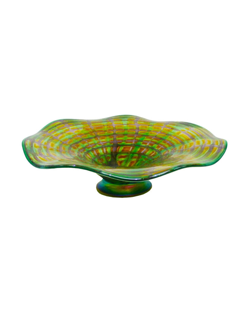 Signed Muller Fusion Czech Rep. Iridescent Footed Bowl 9 x 7.5 x 4H