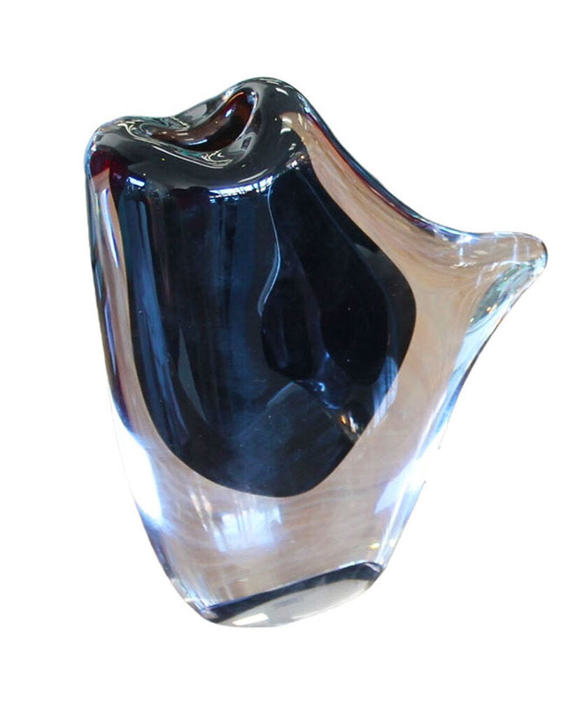 Asymmetrical Art Glass Vase in Black w/Clear 8H