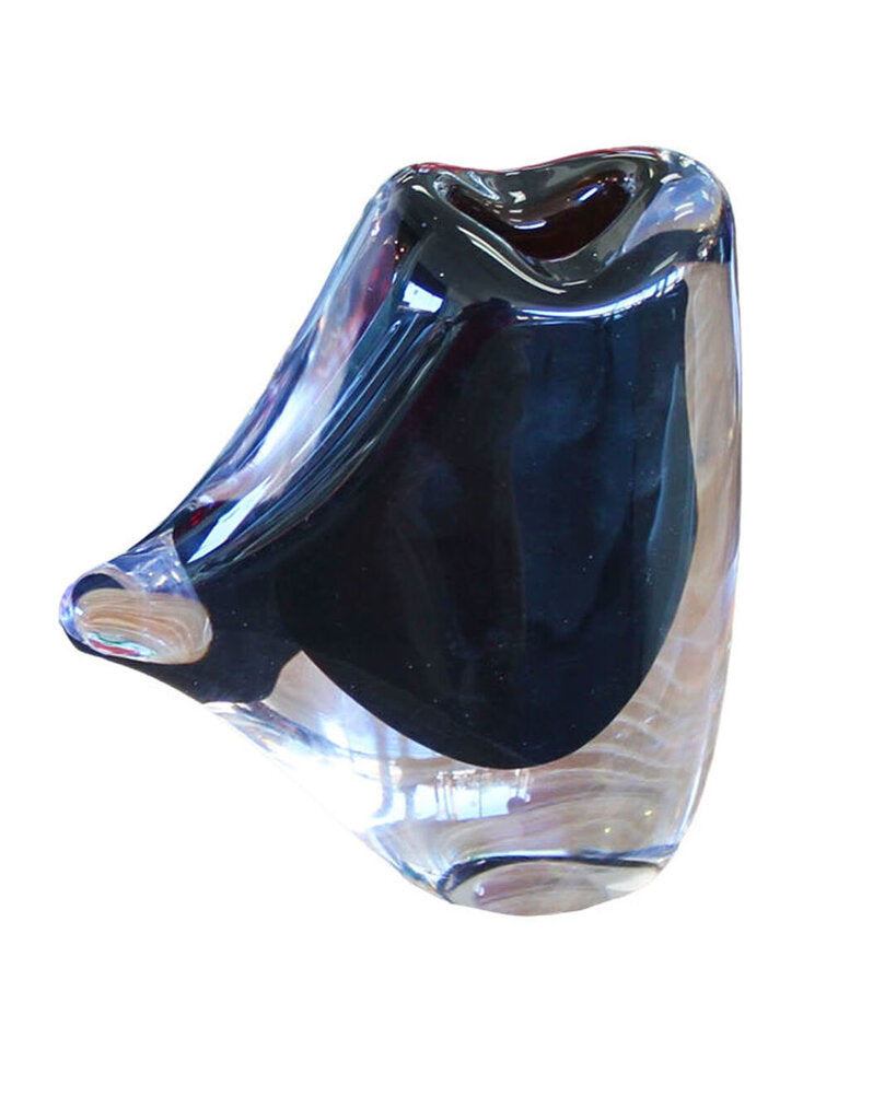 Asymmetrical Art Glass Vase in Black w/Clear 7H
