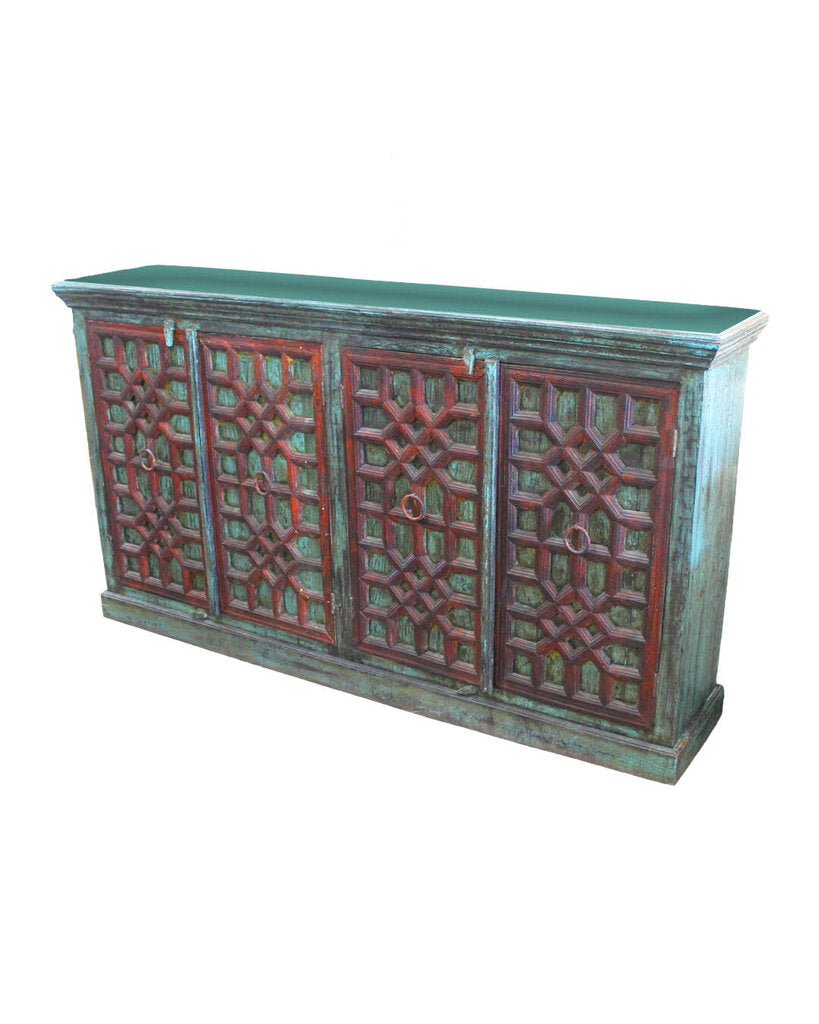 Vintage Rustic Distressed Blue & Red Sideboard 81.75 x 17 x 44.75H