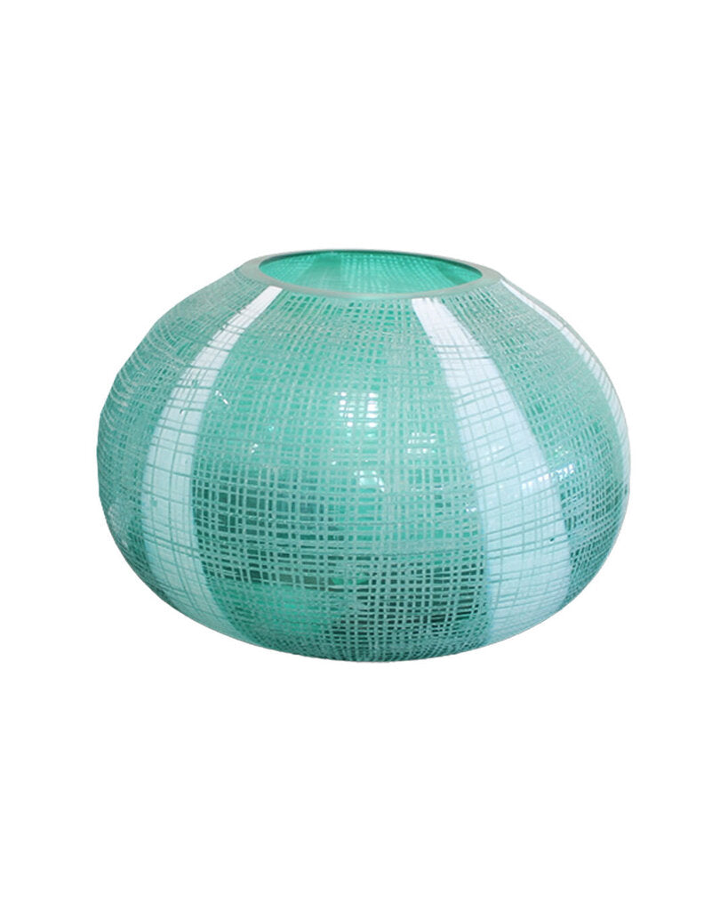 John Richard Aqua Green Etched Glass Vase 8.5H