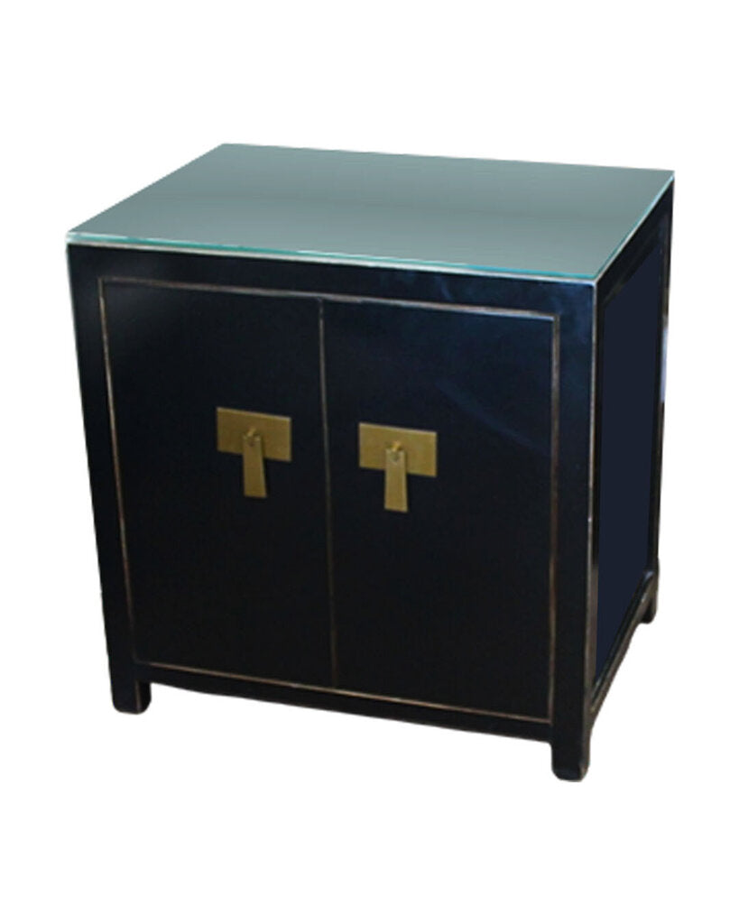Black Lacquer Cabinets, Brass Finish Hardware, Glass Cover 29.5W 21.5D 30H - PAIR