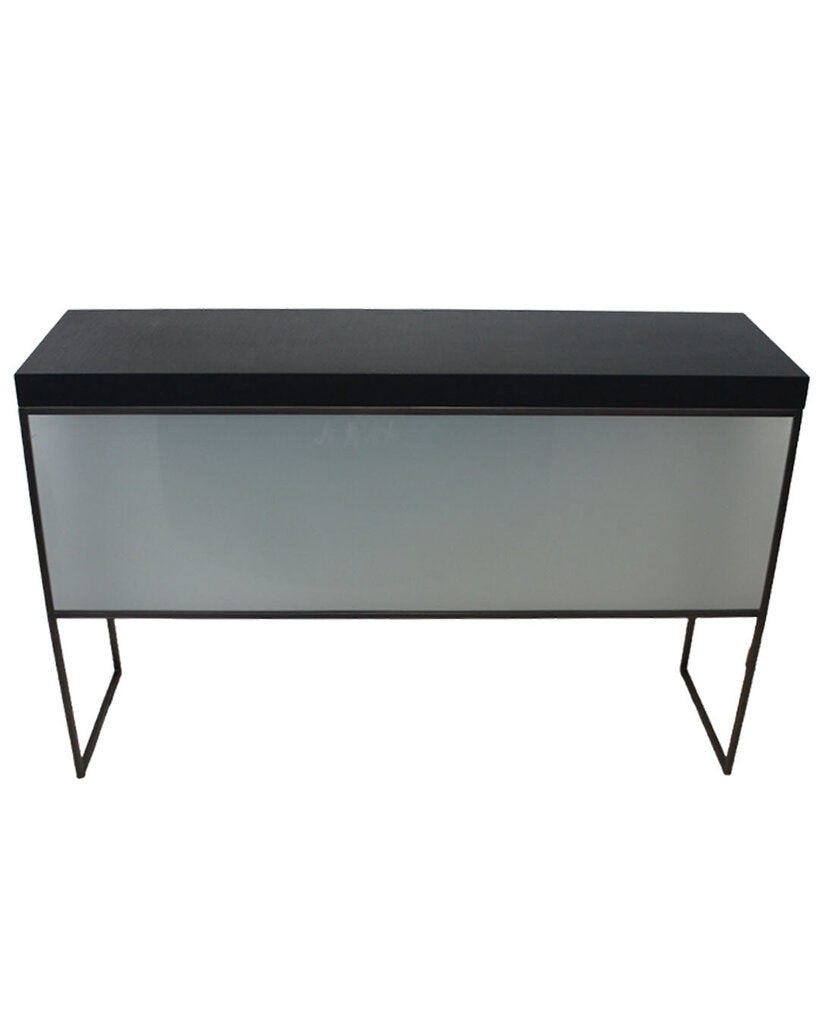 B & B Italia Console Table, Oak Veneer & Chromed Steel Legs, Semitransparent Glass Backing 55W 15.75D 35H