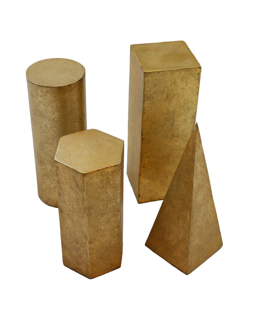 Made Goods Geometric Brass Shapes, Hexagon, Cylinder, Pyramid, Rectangular - SET OF 4Prism w/Vintage Brass Finish - SET OF 4