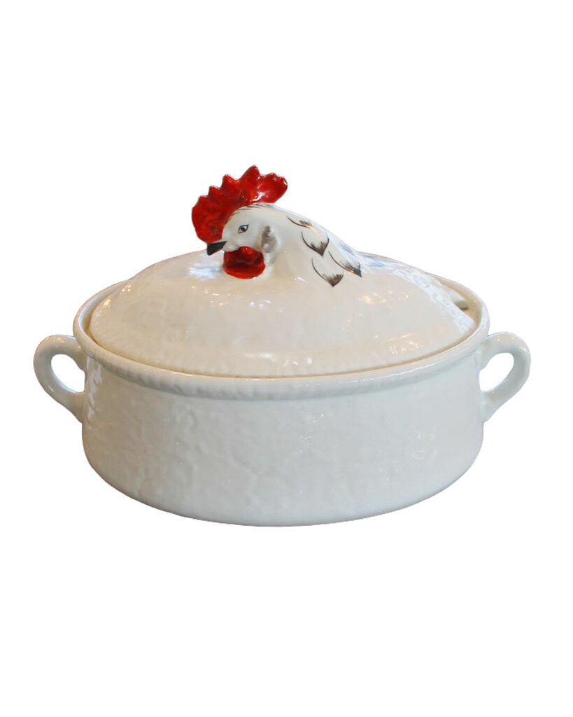 French White & Red Cockeral Covered Casserole