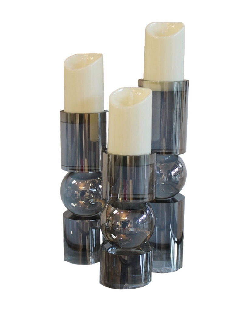 Smoke Glass Pillars w/Geometric Silhouette - SET OF 3 - 10H 12H 14.5H