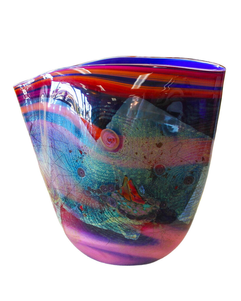 Large Hand-Blown Cobalt w/Colorfield Vessel, Signed 17H X 17.5D X 6W