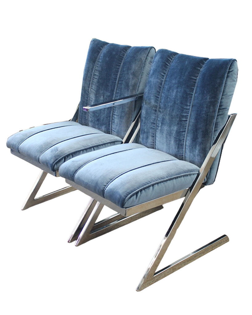 Milo Baughman Z-Chairs,Tufted Blue Velvet 19.5W 26.5D 33.75H - SET OF 6