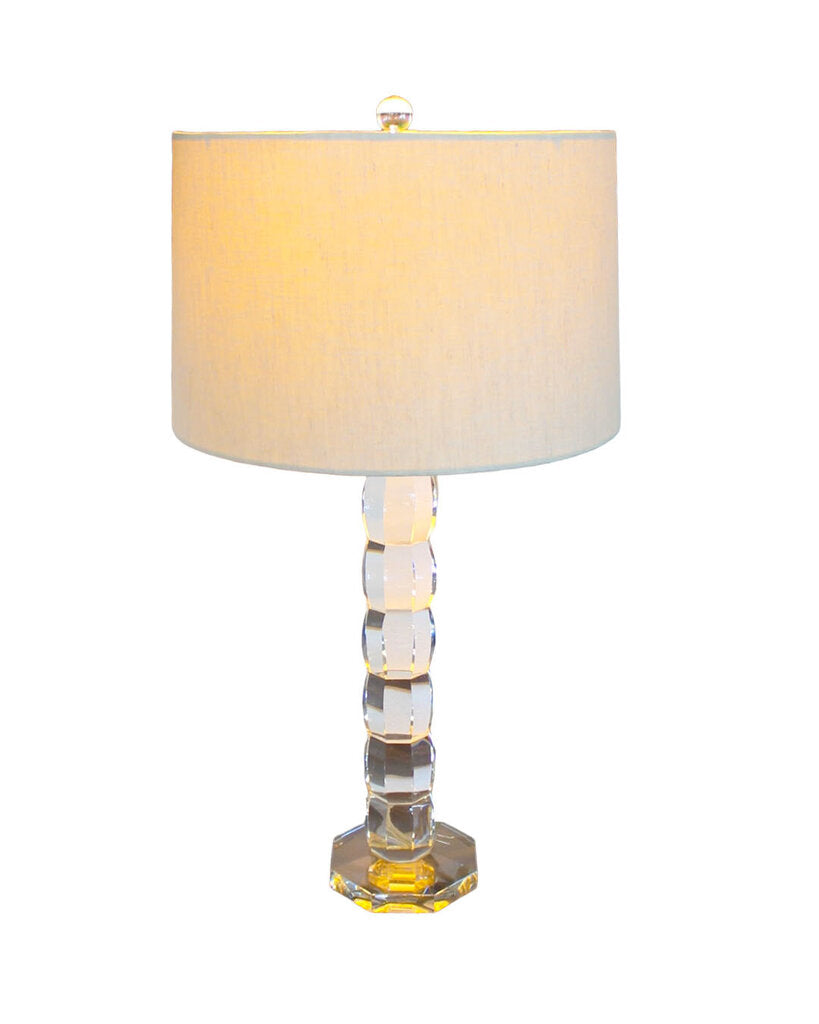 Stacked Crystal Facet Cut Table Lamps w/Ivory Shades 28H - PAIR