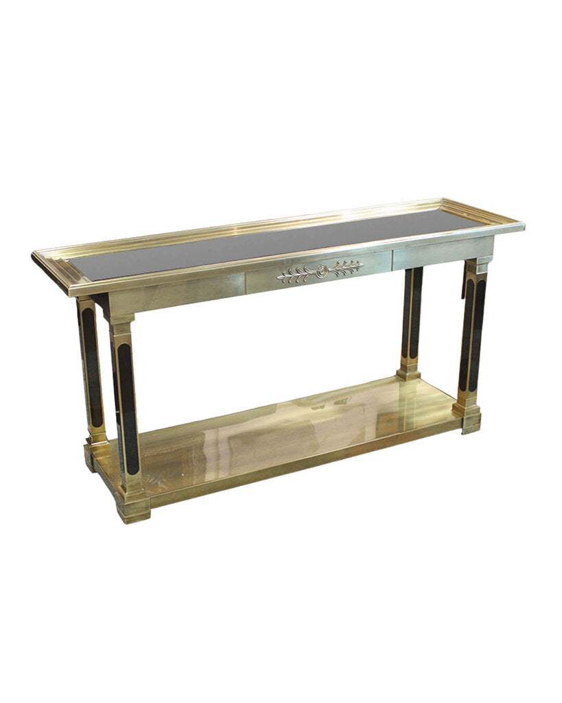 Late 20th Century Brass & Black Glass Console Attributed to Mastercraft 62W 18D 30.5H