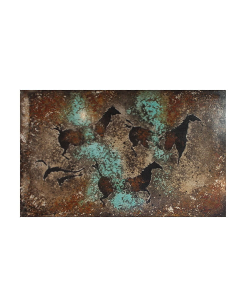 Signed "Horse Stampede Petroglyph" Textured Acrylic on Steel, Plastered Back 36W 22H