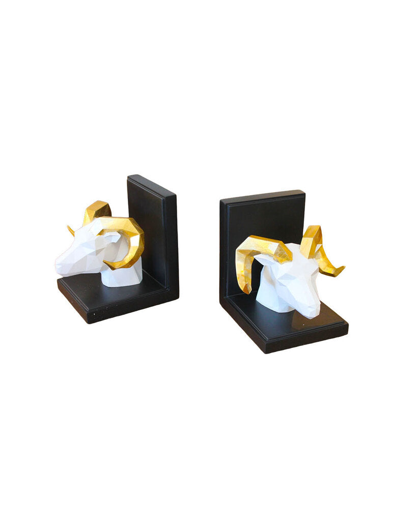 John Richard Aries Bookends, Black/Gold Geometric Ram Head