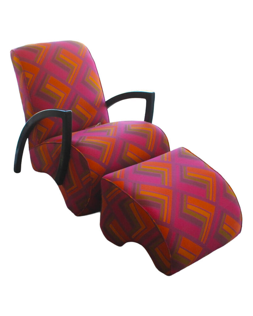 M.Baughman for T. Coggin Art Deco Insp.Sculp, Ebonized Wd Arms, Geom. Uphol Lounge Chr w/Otto 27.5W 41D 36H