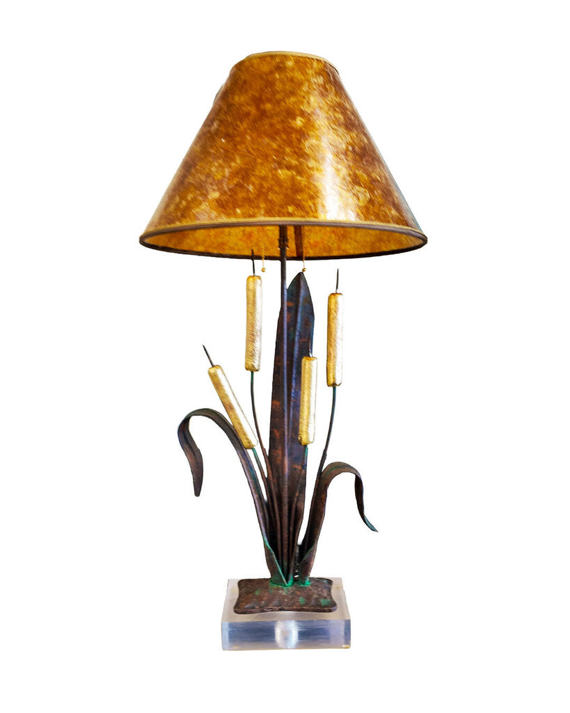 1982 Chapman Brutalist Table Lamps, Catails, Iron & Bronze, Lucite Base 36H - PAIR