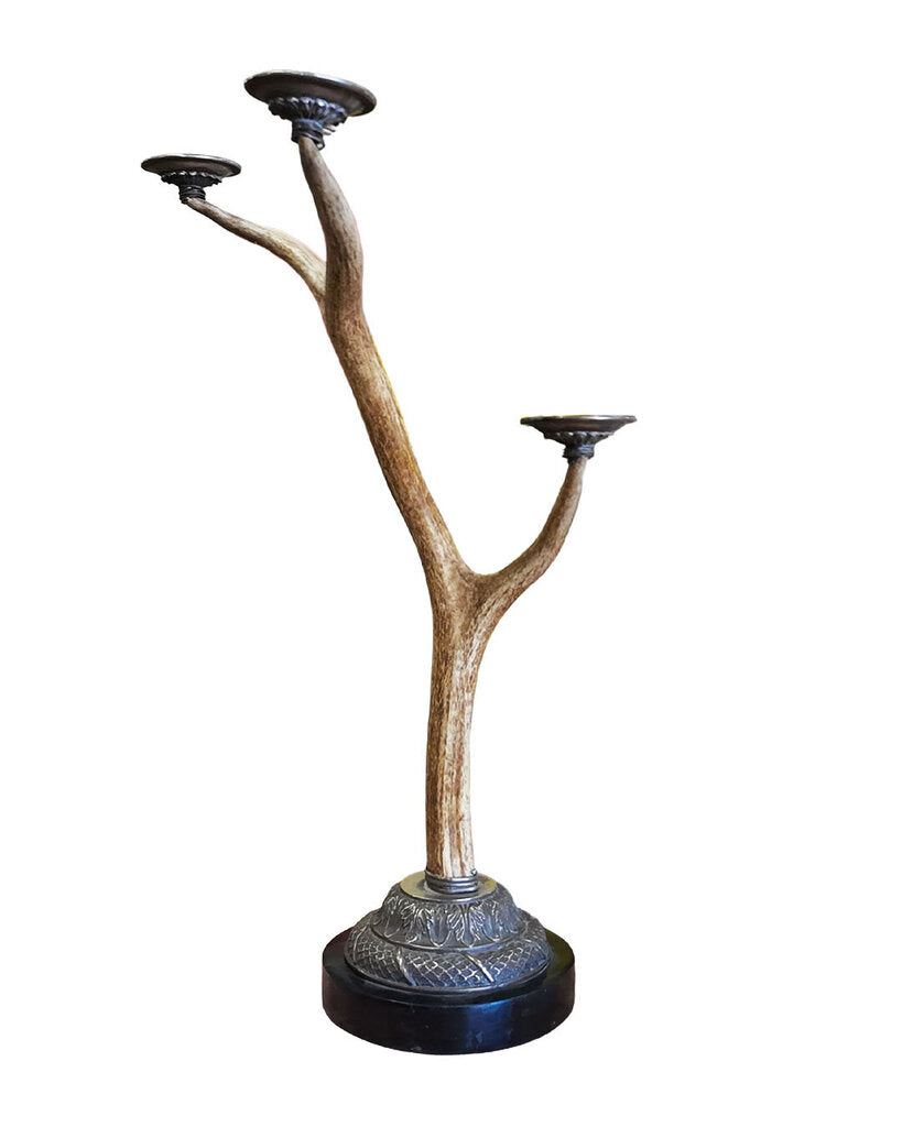Vintage Genuine Antler Candle Holder w/Bronze & Nickel Candle Cups on Circular Base, 26H, 27H - PAIR