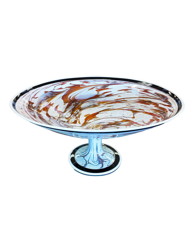 LaChausse Hand Blown Art Glass Pedestal Bowl, Marbled Blk,Grey,Brn Swirls, Blk Rim & Base 18.5Dia 9.5H