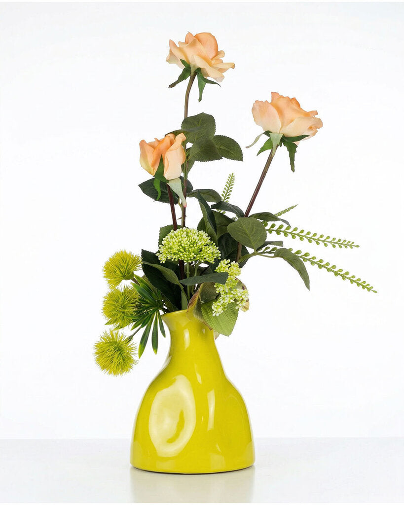 Peach Colored Roses, Yellow Ceramic Vase 22H