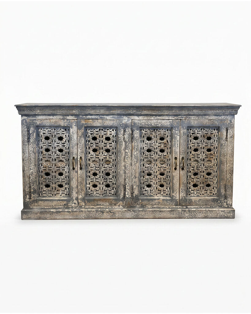 Distressed Wood Lattice Hand-Carved Sideboard 68.5 x 16 x 35.5