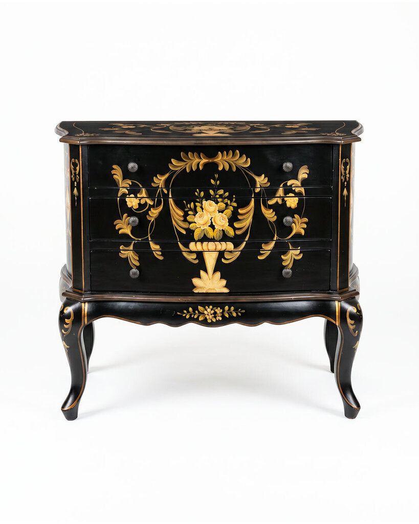French Provincial Style, Blk & Gld Hnad-Painted Chest, Cabriole Legs 38 x 18 x 32.25H