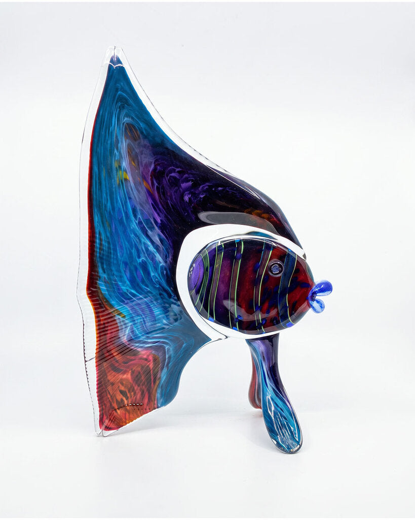 Murano-Style Glass Angelfish, Vibrant Blue, Red 14"H