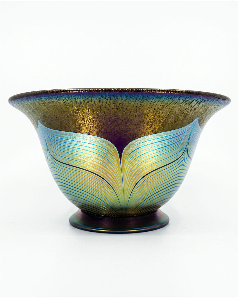 Iridescent Pulled Feather Art Glass Bowl 11.5 Dia x 6H