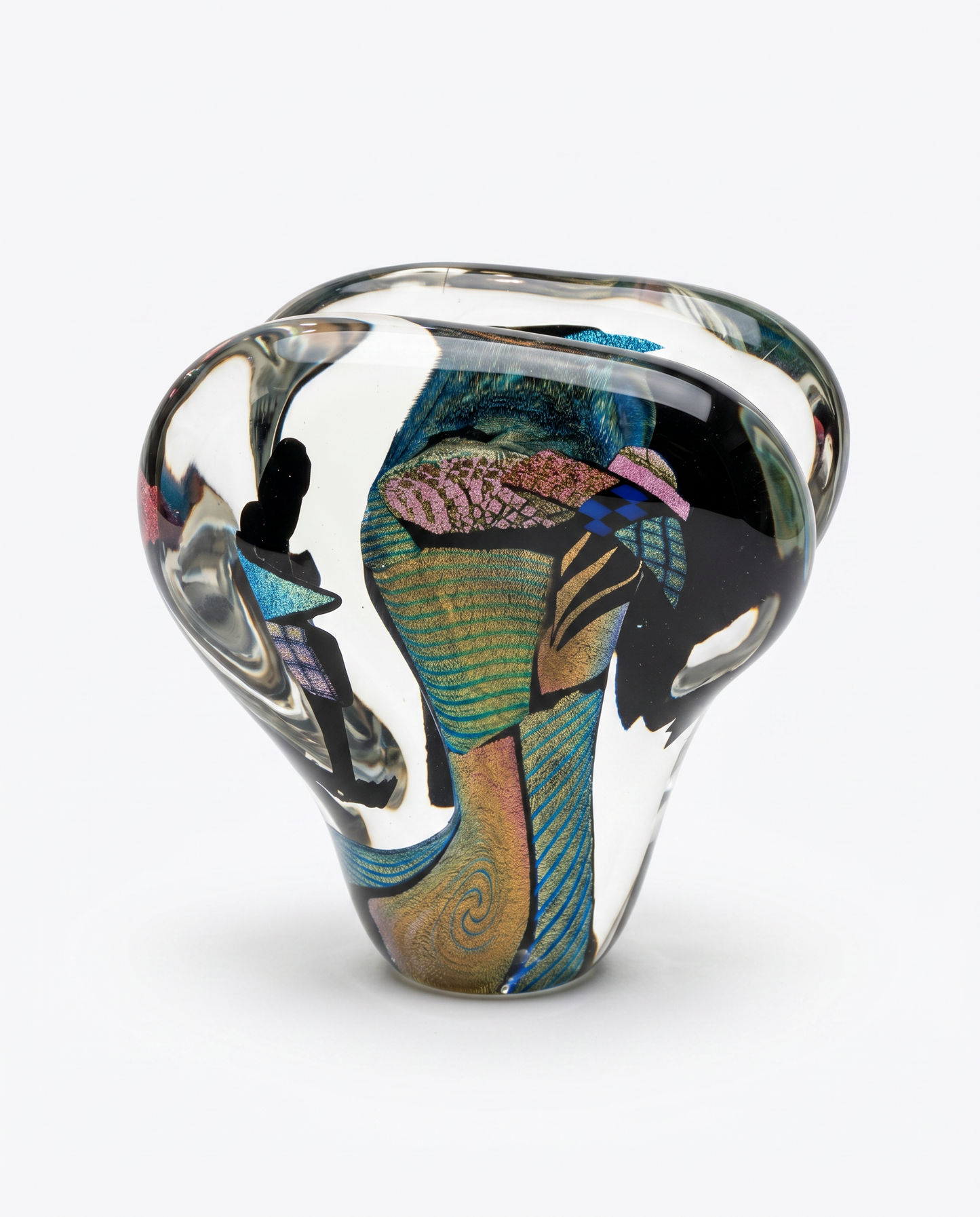 Abstract Dichroic Art Glass Paperweight, Signed Bruce Freund 5 x 3 x 5.25H