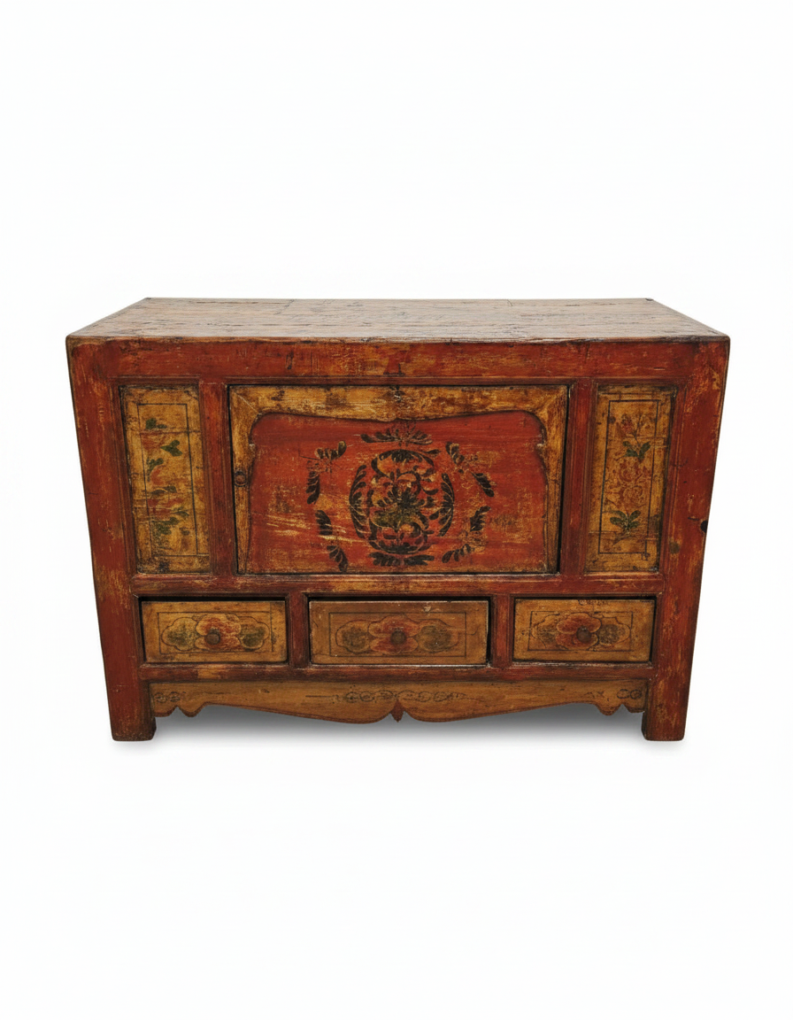 Antique Chinese or Tibetan Hand Ptd. Storage Trunk 42 x 18.75 x 30