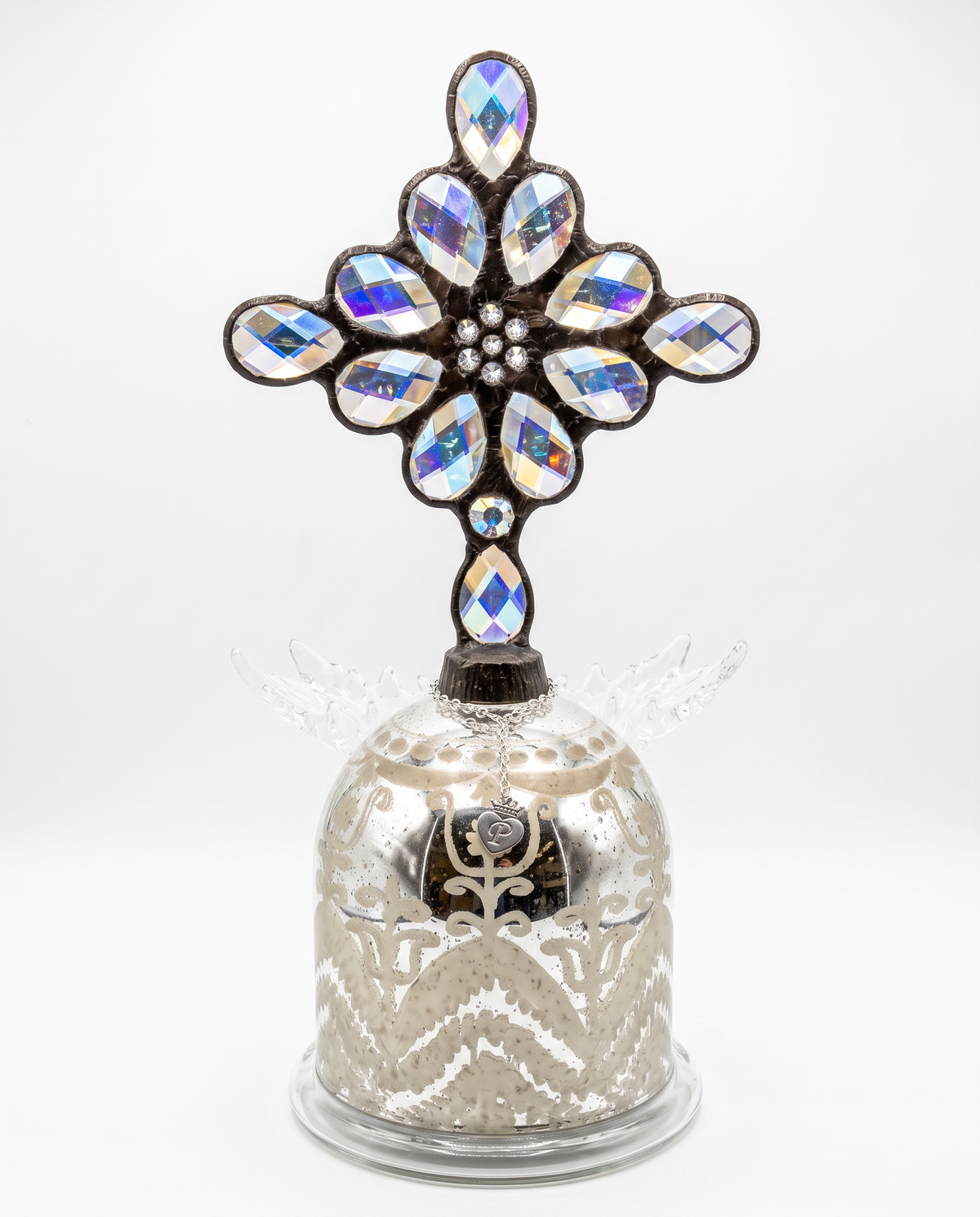Artisan Handcrafted Custom Crystal Cross Topper on Vtg. Mercury Glass Blottle 34H