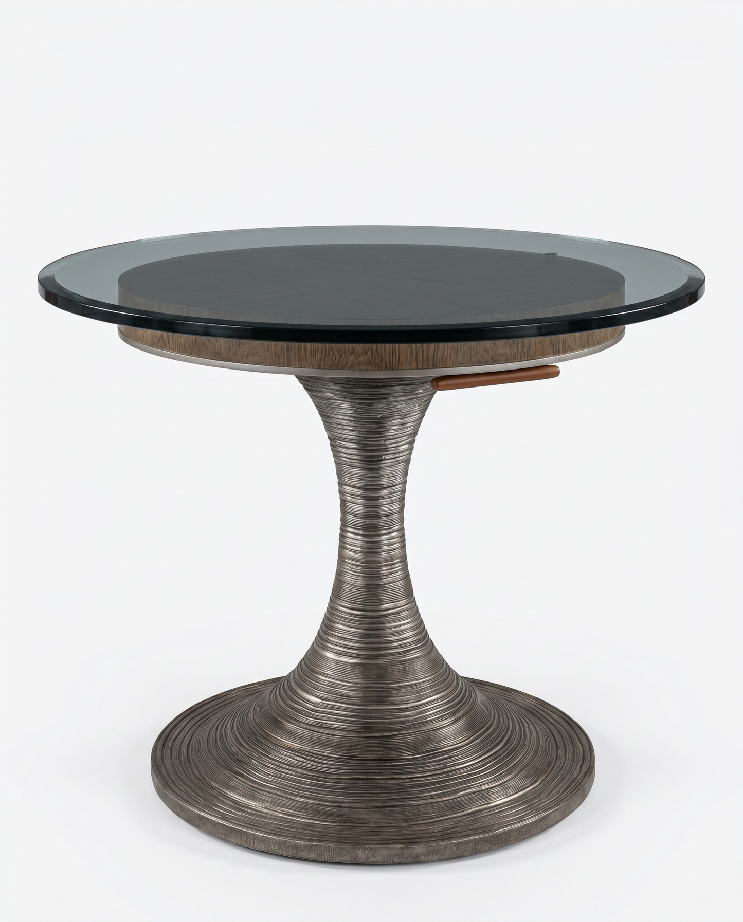 Century Furniture Table, Grooved Hour Glass Shape, Antique Silver Leafed Finish, Circular Glass Top 36"dia x 29.25"