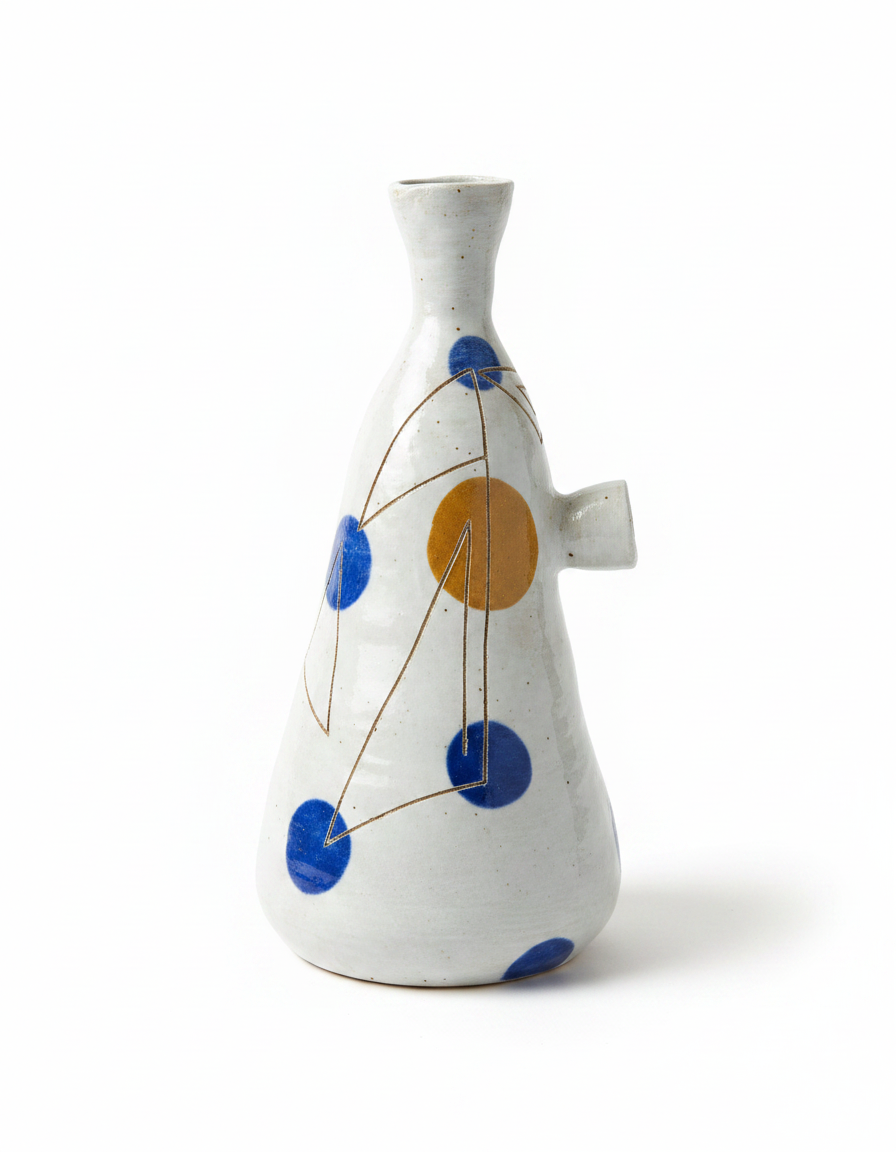 Ceramic Vase w/Geometric Patterns, Colored Dots, Spout-Like Protrusion 18"H