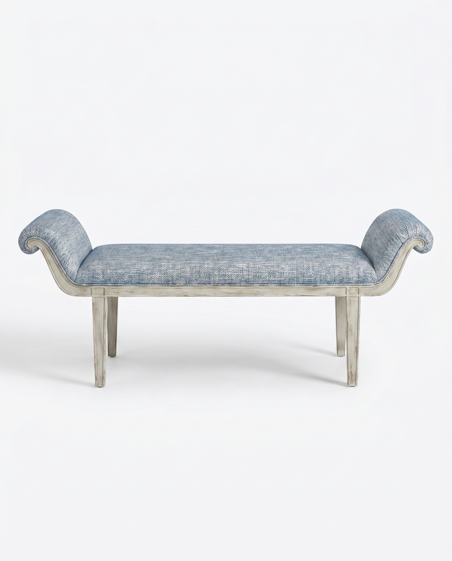French Country Style Blue Upholstered Bench, Weathered Wood Frame 59.5W 18D 23H