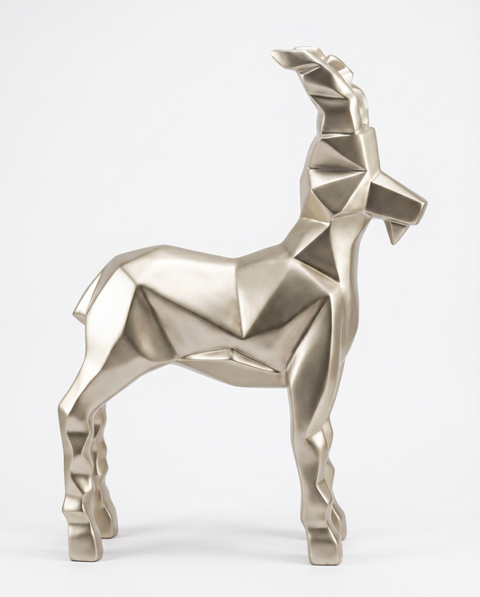 Geometric Alpine Ibex Sculpture, Champagne Faceted Polyresin 37 x 43"H