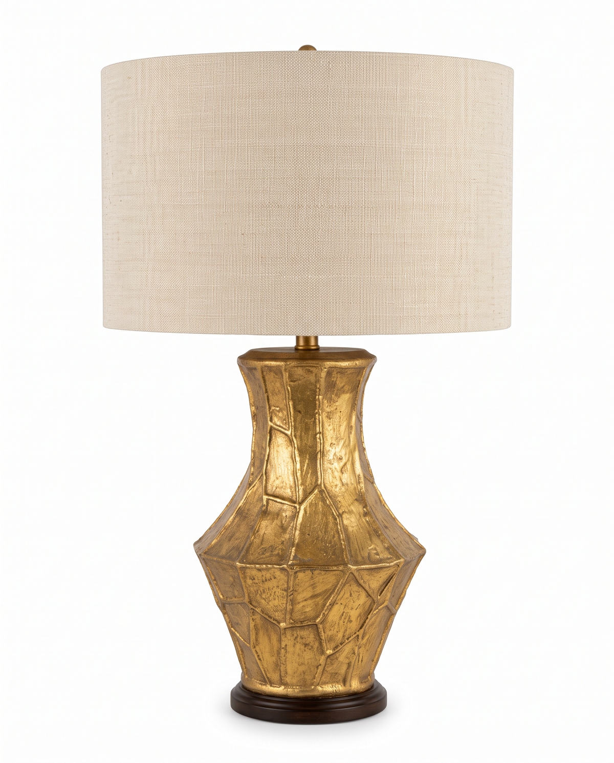 Gold Finish Textured, Geometric Table Lamp w/Drum Shade 29.5H