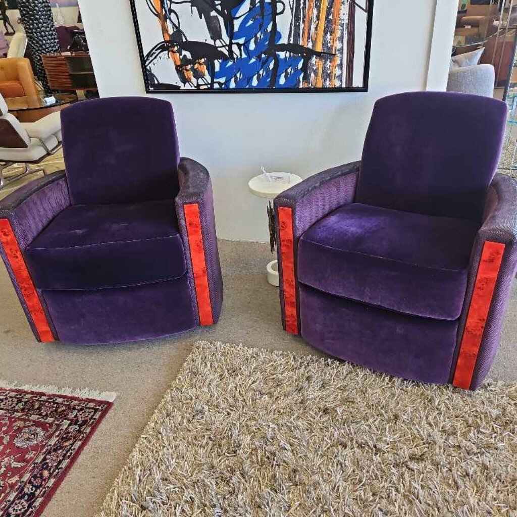 Custom Curved Arm Tub Chairs on Casters, Amethyst w/Red & Yellow