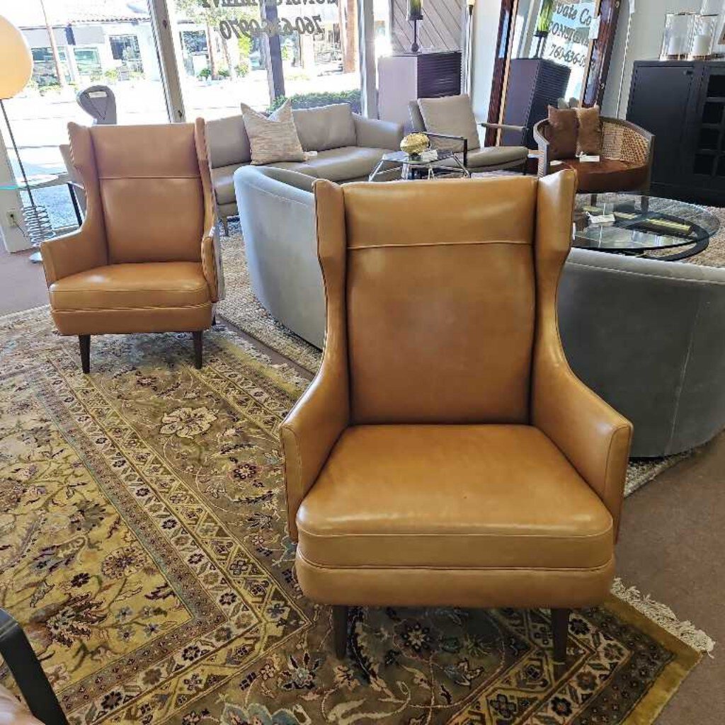 Arteriors Budelli Wing Chairs, Tan Leather - PAIR